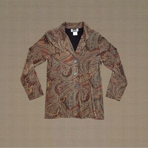Vintage 90s Y2K Slinky Brand Brown Paisley Stretchy Button Front Blazer Jacket